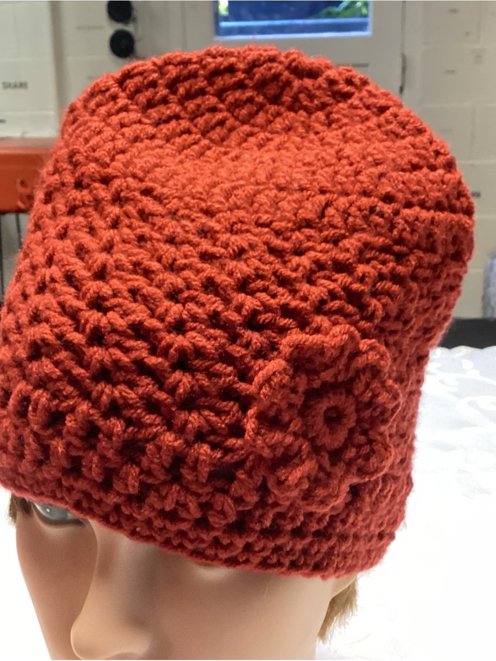 Handmade Crochet Beanie Hat with Flower Accent - Rust